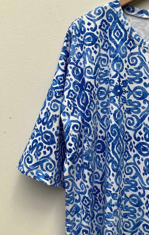 GEMMA DRESS IN BLUE/WHITE IKAT DESIGN