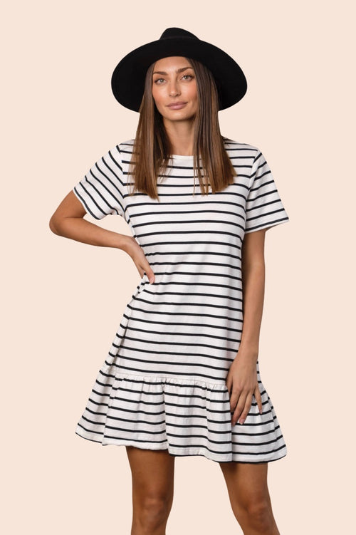 HEIDIE MINI DRESS IN WHITE WITH BLACK STRIPES