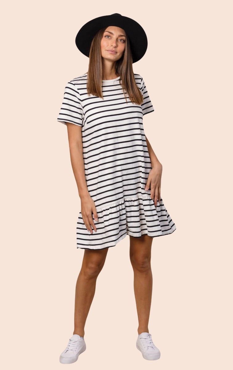 HEIDIE MINI DRESS IN WHITE WITH BLACK STRIPES