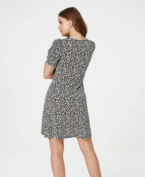 NAVY LEAF PATTERN SKATER DRESS | BAD BETTY NZ