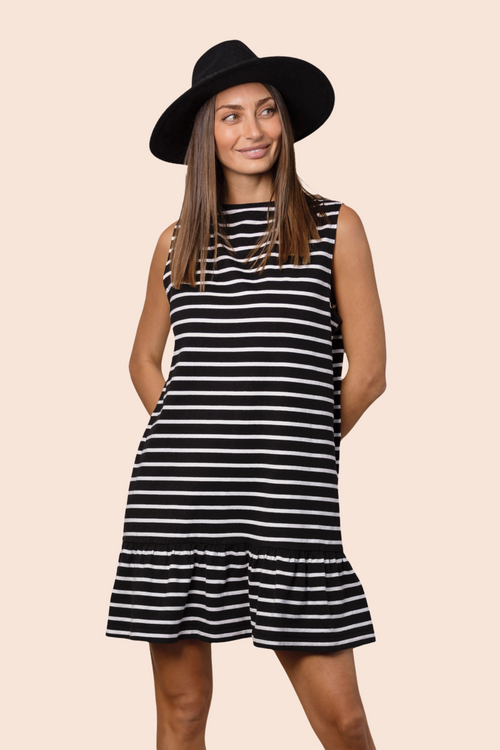 PIPER ruffle hem dress in black stripes